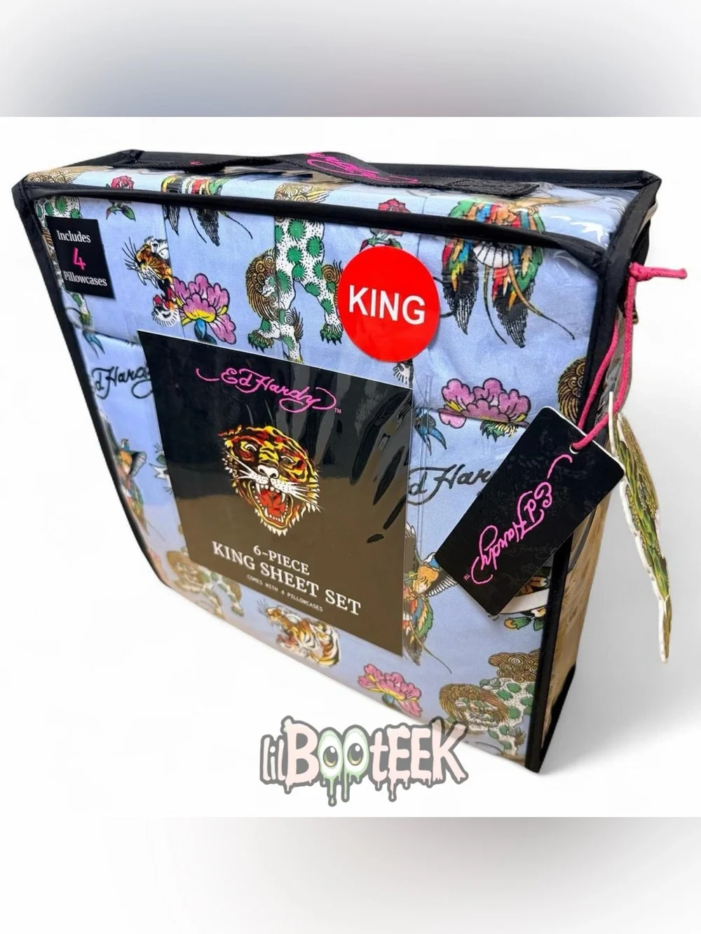 Ed Hardy 6-Piece King Sheet Set Blue w Floral Bird Tiger Print VIRAL Y2K